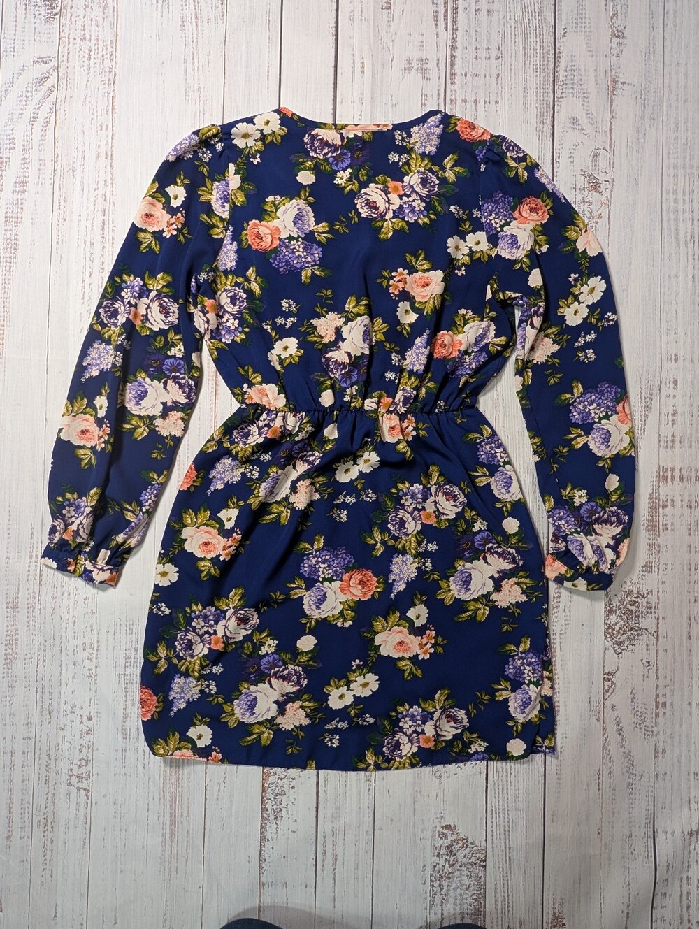 Lulus Navy Blue Floral Long Sleeve Faux Wrap Tulip Hem Mini Dress M - Picture 8 of 12